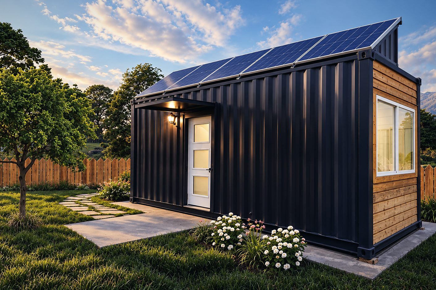Black container cabin with a tilted solar roof in a garden at golden hour