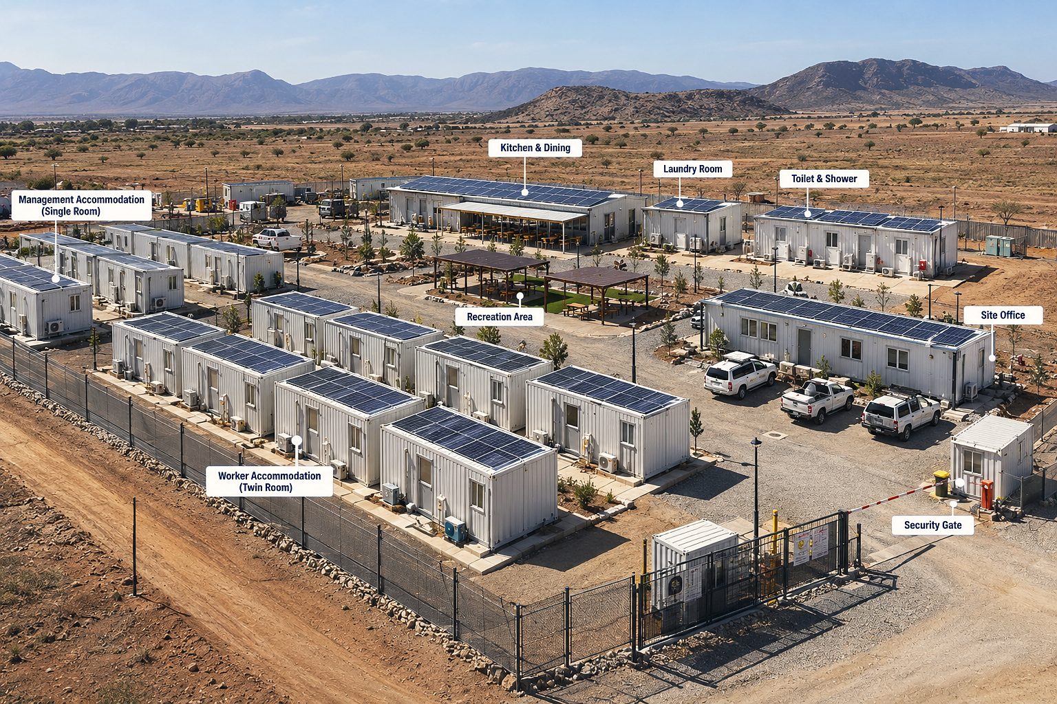 Workforce camp layout with labelled accommodation, kitchen and dining, laundry, toilets, recreation area and site office