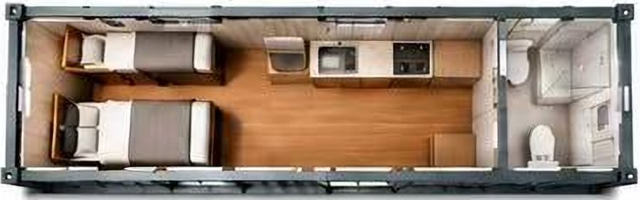 Top-down plan of a 40 ft twin dormitory unit with two beds, kitchenette and bathroom