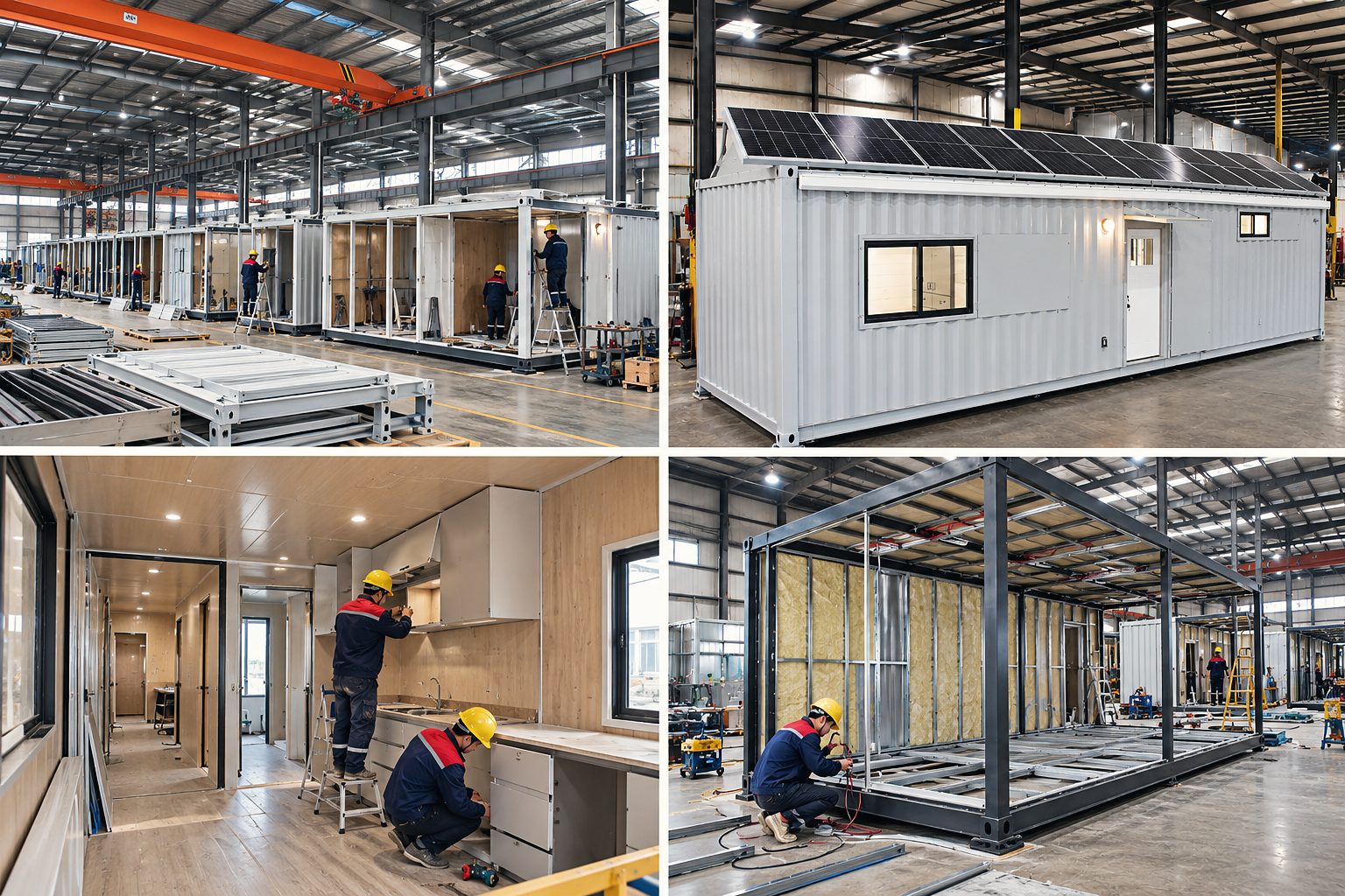 Factory floor: container homes being framed, insulated and fitted out by workers