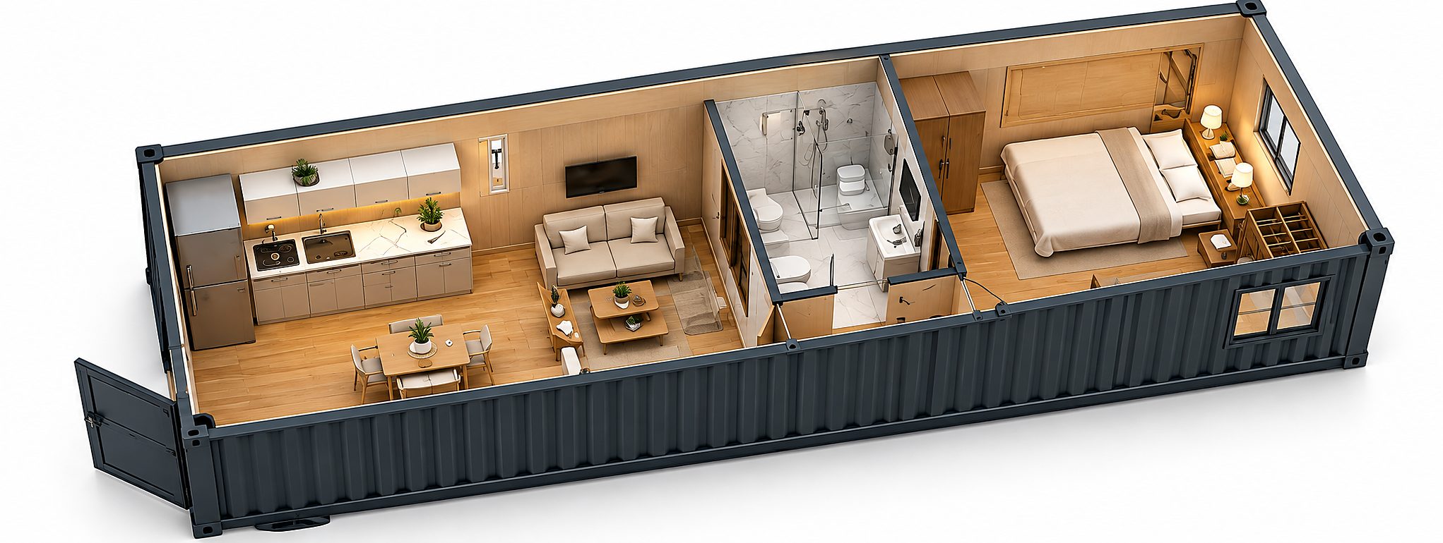 3D cutaway of the one-bedroom layout: kitchen, living, bathroom and bedroom