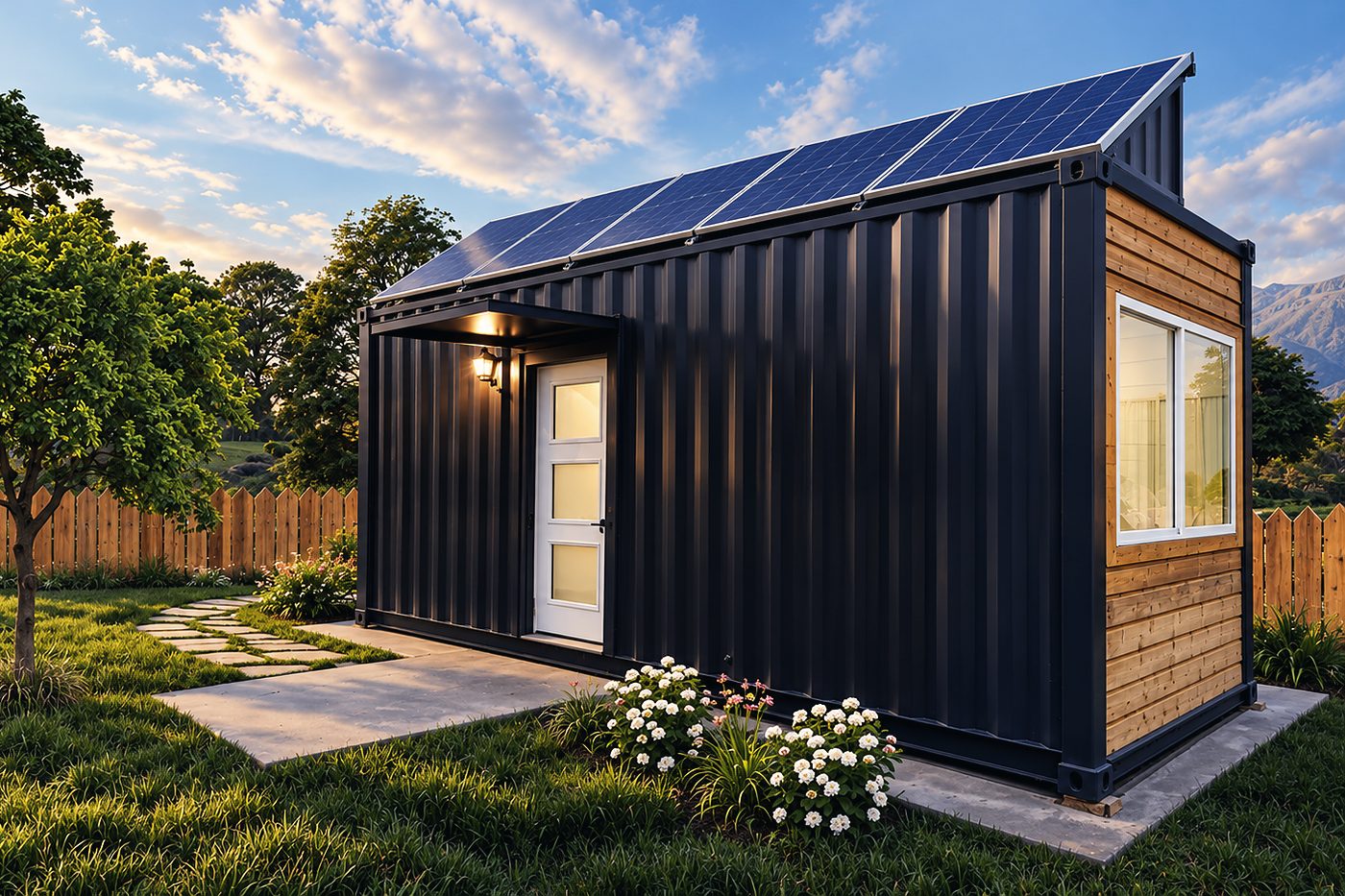 Black-finish 20 ft cabin with solar roof in a garden