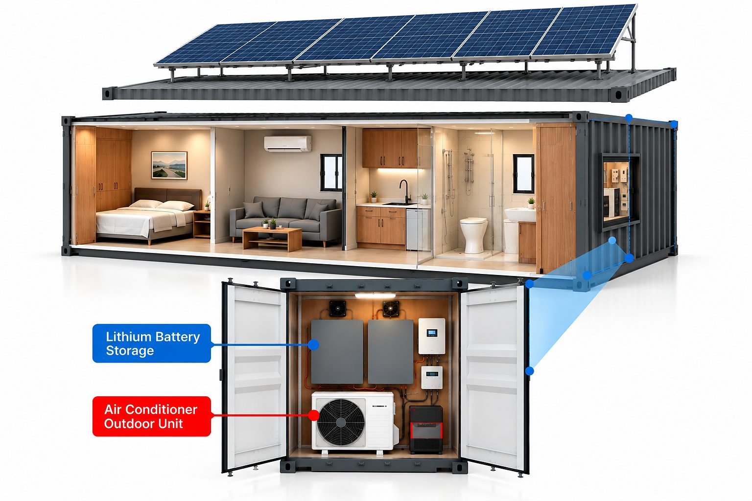 Cutaway of an off-grid home with batteries and AC outdoor unit in a rear equipment room