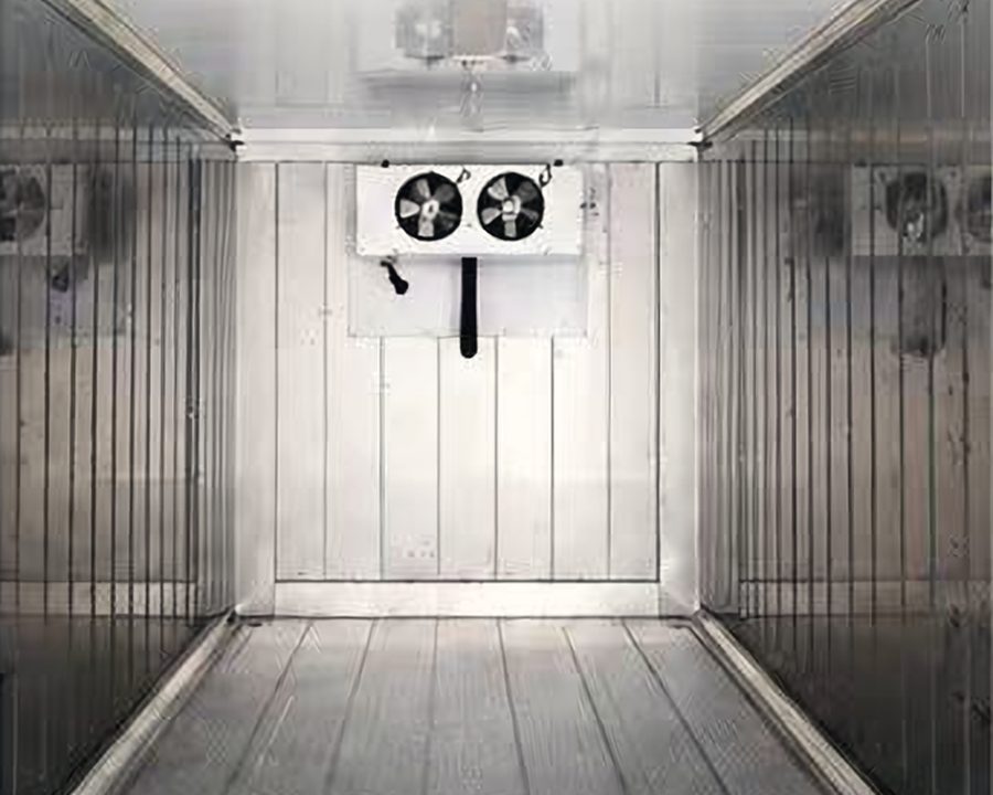 Insulated stainless cold storage container interior with evaporator unit