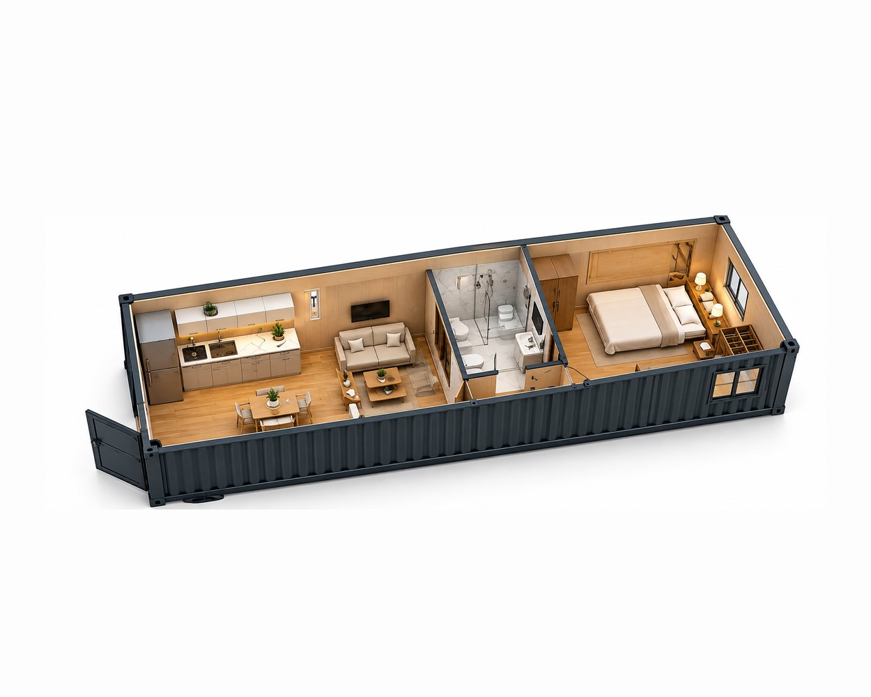 3D cutaway of a one-bedroom container home layout: kitchen, living, bathroom and bedroom
