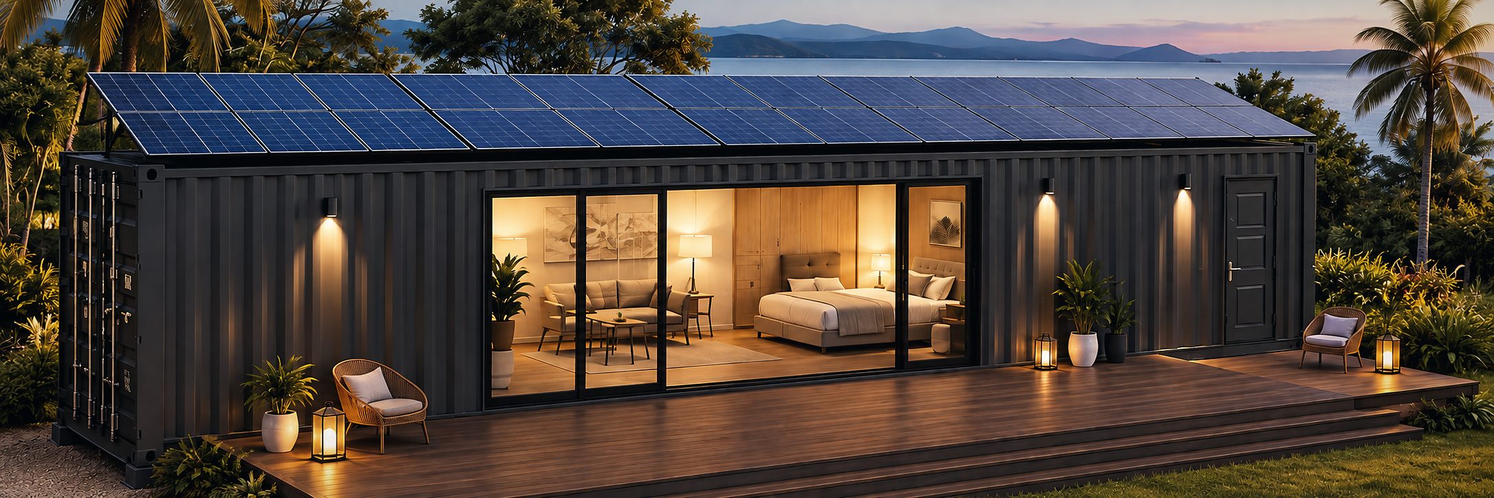 Black 40 ft container home at dusk by a lake, glass doors open to a lit bedroom and lounge