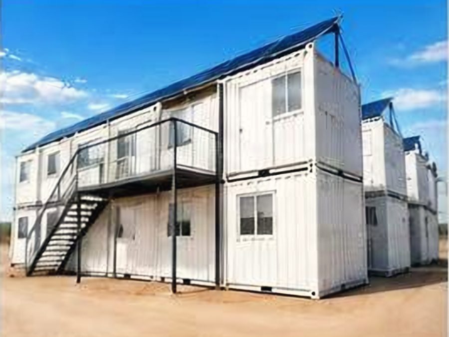 Stacked two-level units with stairs and walkways, sized for any team.