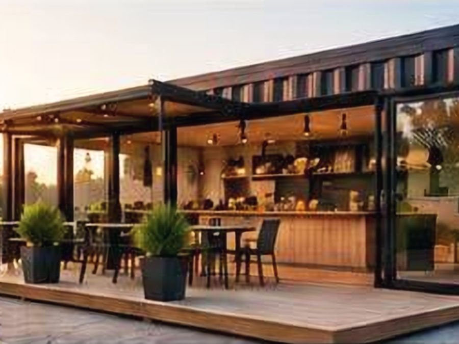 Cafés, shops and kiosks with service windows, counters, pergolas and decks.