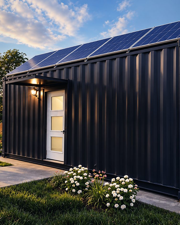 Black container cabin with a tilted solar array on the roof at golden hour