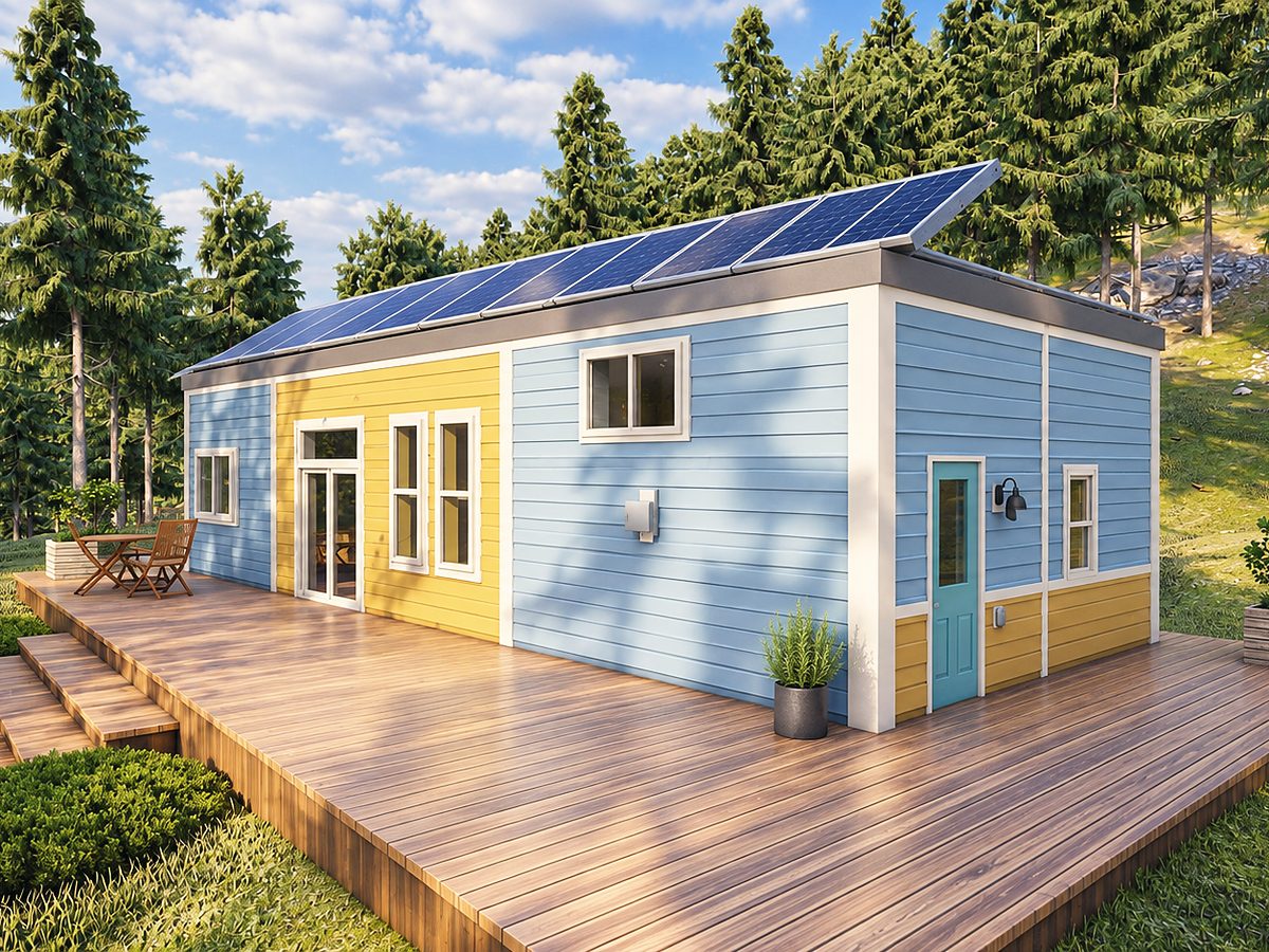 Blue and yellow container family home with solar roof and timber deck